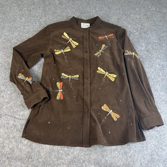 Quacker Factory Shirt Womens Medium Embroidered Dragonfly Button Down Artsy - Picture 1 of 8